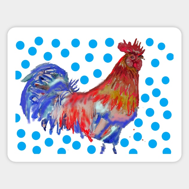 Rooster Watercolor Painting with Blue Polka Dots Sticker by SarahRajkotwala